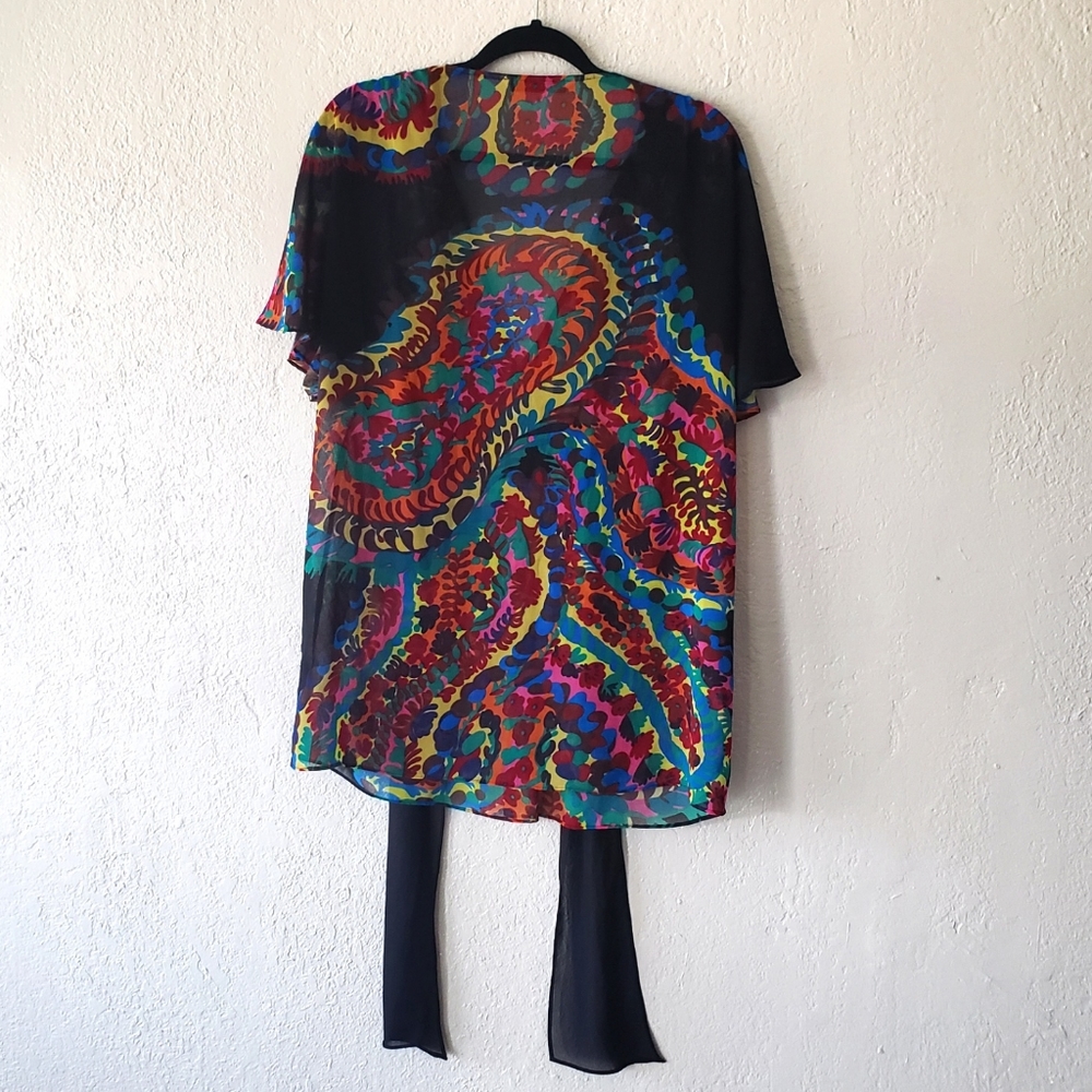 ZARA RED PINK BLACK YELLOW MULTICOLOR FLORAL PATTERNED KIMONO BLOUSE..SIZE S - Picture 2 of 6